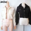 Aprozs Moda Czarne kieszenie przyciski Kurtki Kobiety Z Długim Rękawem Slim Crop Top Winter Coat Cool Girls Streetwear Krótka kurtka