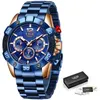 Lige Fashion Blue Mens Klockor Top Märke Luxury Clock Sports Chronograph Vattentät Quartz Watch Men Relogio Masculino 210804