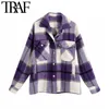 TRAF Women Vintage Stylish Oversized Plaid Jacket Coat Fashion Lapel Collar Long Sleeve Pockets Loose Outerwear Chic Tops 211014