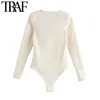 Women Fashion With Shoulder Pads Snap-button Bodysuit Vintage V Neck Long Sleeve Female Playsuits Chic Tops 210507