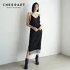 Ruched Lace Patchwork Summer Slip Dress Women V Neck Spaghetti Strap Lång Midi Backless med Slit Koreansk stil 210427