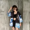 Abbigliamento etnico Kimono Donna Harajuku Cardigan Camicia Camicetta Haori Giapponese Yukata Femminile Estate Beachwear Bikini Cover Up Nero Bianco