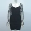 Gratis Kvinnors Draped Tulle Bandage Dress Svart Sexig V-Neck Puff Sleeve Bodycon Mini Club Party ES 210524