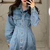 Denim Dress Femmes Casual Avec Bouton Poche Sexy Mini Jeans À Manches Longues Élégant Solide Couleur Taille Haute D3001 210514