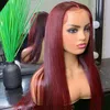 Perruques synthétiques colorées de 26 pouces, cheveux brésiliens longs et lisses pour filles, perruque avant en dentelle rouge pour femmes, mécanisme complet, point central chimique3987056