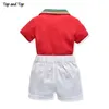 Top und Top Sommer Jungen Kleidung Sets Kurzarm Gestreifte Baumwolle T-shirt Bluse + Kurze Hose Kinder Jungen Gentleman Kleidung 2 stücke Anzug 210326