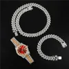 Hip Hop – KIT de 3 pièces de montre lourde, collier cubain à broches, Bracelet 13.5MM, cristal scintillant AAA + chaînes en strass glacés, bijoux pour hommes