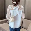 Coreano Crochet Lace Mulheres Florais Tops e Blouas Manga Longa Chiffon Branco Camisas Para Arco Casual Blusas Primavera 13514 210512