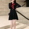 Black Wine Red Bow Collar Lace Up Button Pearl Long Sleeve Knitted Fit And Flare Short Mini Dress Autumn D1392 210514