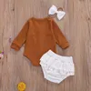 0-24M Né Bébé Bébé Filles Vêtements Ensemble Automne Manches Longues Tricoté Barboteuse Hauts Volants Shorts Tenues Costumes Vintage 210515