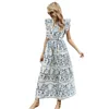 Letnia drukowana Halter Vintage Slim High Waist Mini Sukienka Długie Kobiety Ruffles A-Line Maxi ES dla Vestido 210508