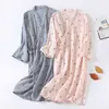 Japońskie szaty Kimono dla kobiet 100% bawełniana gaza szlafrok Lato Cienka sleepwear z długim rękawem Nightgown Plus Size Gown 210831