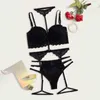 Novo sexy moda laço lingerie roupa interior sleepwear anel de aço pijama liga sexy g-string lingerie conjunto lenceria para mulher y0911