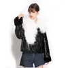 Women's Fur & Faux Wool Collar Double Faced Real Coat Winter Jacket Women Genuine Leather Natural Merino Sheep Locomotive Streetwear