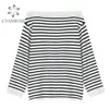 Damska Slash Neck Striped T Shirt Z Długim Rękawem Sexy Streetwear Loose Relaks Tees Japoński Styl Trendy Ins Ulzzang Topy Mujer 210515