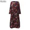 Zanzea kvinnor maxi lång Dr2021 vintage blommig tryck klänningar långärmad fickor casual lös vestidos plus storlek Bohemian robe x0529