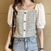 Shintimes Plaid Cienki rękaw puff krótki kobiety bluzka Lato topy Koreański Przycisk mody Vintage kwadratowe kołnierz Damskie koszule 210615