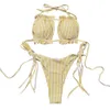 Sexig Thong Striped Bandeau Bikini String Tie Side Ruched Baddräkt Kvinnor Badkläder Swim Beach Wear Baddräkt Två stycken 210520