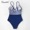 Seaselfie Sexy Azul e Stripe V-Neck Swimsuit Mulheres Spaghetti Correias Monokini Verão Praia Banheira Swimwear 210712