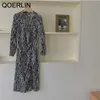 Qoerin LapelボタンアップLeopardプリントサイドスリットMidi Dressファッションシックな長袖ドレスマキシプラスサイズ女性outfit 210601