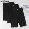 Bivigaos Женские летние черные растягивающие джинсы шорты повседневные велосипедные шорты тонкие тонкие тощие разорванные колено короткие отверстия джинсовые шорты 210616
