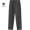 FANSILANEN Casual high waist suit pants Women pleated straight black trousers Female office elegant autumn winter 210607