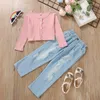 kids Clothing Sets girls outfits children knitting Cardigan Tops+Hole denim pants 2pcs/set Spring Autumn fashion Boutique baby Clothes