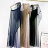 Spring Summer Korean Style 3 Layers Women Shiny Gradient Mesh High Waist Midi Long Tulle Pleated Skirt Female 210421