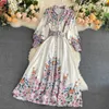 Kobiety Vintage Długa Sukienka Wiosna Summer Rękaw Z Pas Bandażą ES Ladies Floral Print Bluzka Plaża Maxi 210525