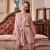 New High-Quality Female Ice Silk Long-Sleeved Splicing Lace Night Gown Bathrobe Morning Robes For Women Plus Size Two Colors Q0818