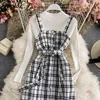 Spring 2 Pcs Women Set Chic Button Plaid Pattern Drawstring Slim Waist Camis Dress Knitted Sweater French Style Suit 210422