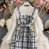 Frühling 2 Stück Frauen Set Chic Button Plaid Muster Kordelzug Schlanke Taille Camis Kleid Gestrickte Pullover Französisch Stil Anzug 210422