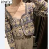 Zeefity vrouwen vintage vierkante kraag bloem print jacquard breien trui vrouwelijke lange mouw chique cardigans jas tops S652 211007