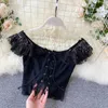 Chic Sweet Lace Ruffled Short Crop Tops Kvinnor Sexig Sommar Blusas Mujer de MODA Koreanska Mode Kläder L959 210527