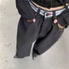 Black Corean Casual Mulheres Legged Denim Jeans Calças Cartas Impresso Cintura Botões Voar Calças Reta 210513