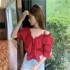 半袖Tシャツ夏スリングショルダーソリッドフリルエレガントな女性ブラウス夏のレディース韓国風シフォントップ210515