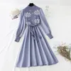 Casual Dresses Korean Vintage Puff Sleeve Knitted Dress Woman Autumn Winter 2022 Fashion A-line Slim Print Bottoming Elegant Vestidos