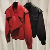 LY VAREY LIN Automne Rouge Manteau Col Rabattu Lâche Survêtement Femmes Biker Faux Veste En Cuir 210526