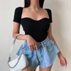 Yedinas Summer T Shirt Women Short Sleeve Sexy Cropped Tops Knitted Elastic Tee Square Collar Party Club Female 210527