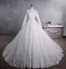 Abito da ballo musulmano Abiti da sposa Collo alto Maniche lunghe Appliques in pizzo Perline Corte dei treni Custom Made Arabo Islamico Moderno Tulle Abiti da sposa 2021 robe de mari￩e