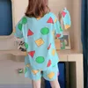 Pijama Set for Women Summer Sleepwear Suits with Sleep Tops and Shorts Round Neck Geometric Cute Lounge Wear 210809