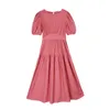 Casual rosa azul branco o pescoço sopro de manga curta joelho comprimento sólido vestido vintage d1818 210514