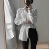 Ezgaga Camicie da donna da ufficio in stile francese Chic Colletto rovesciato Manica lunga Bianco Vita sottile Stringate Camicie irregolari Donna Top 210430