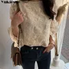 Bahar Sonbahar Kız Şifon Gömlek Moda İşlemeli Dantel Üstler Zarif Parlama Kollu Kadınlar Bluz Blusa Kadınlar 210326