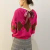 Suéter das Mulheres queda Inverno Argyle Hit Color Knit Pullovers 2021 Solto Vintage Camisola All-Match Doce Lace-up Manga Longa Jappers Japonesa