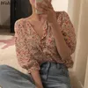 Koreański elegancki w stylu vintage damskie topy i bluzki moda kwiatowy druk koszulka dorywczo dekolt szyfonowy blusas chic femme ubrania 210519