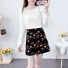Women Autumn Winter Slim Woolen Skirt Sets Lady Bow Knitted Sweater+ Printing Mini Skirt Suit Female Casual 2 Piece Set 211119