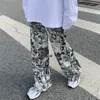 Qweek Harajuku Teas Tea Gree широкие брюки для ног Женщины уличная одежда мода негабаритные печатные брюки 2000с эстетические хиппи высокая талия 21112