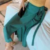 Eleganta Chic Women Lace-up One Piece Solid Kjolar Vintage High Waist Loose Female A-Line Summer Midi 210429