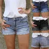 Vintage rasgado buraco franja azul jeans denim shorts mulheres botão casual bolso estilo curto 210719
